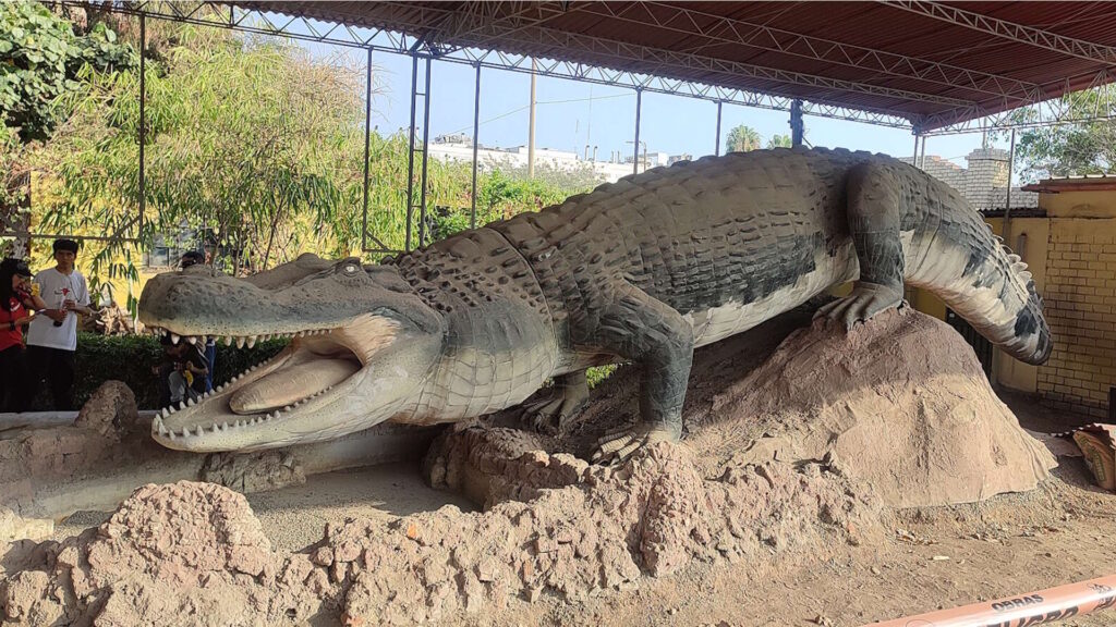 A large life-sized sculpture of Purussaurus brasiliensis, a massive extinct caiman, displayed outdoors on a rocky platform with its jaws open wide
