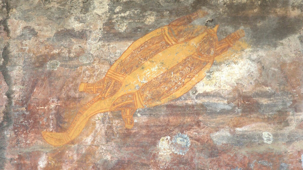 Aboriginal rock art painting of two orange sea turtles, shown with intricate internal patterns, on a weathered stone surface.