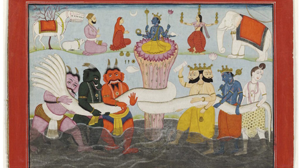 Hindu gods and demons churning the ocean with a serpent wrapped around a mountain, supported by Vishnu as a tortoise.